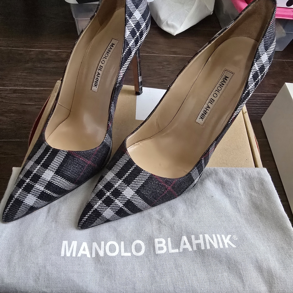 Manolo Blahnik Black and White Plaid Women's Heels